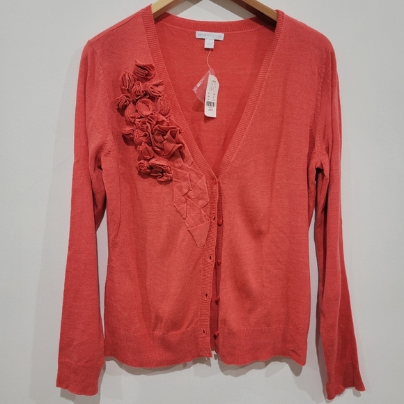 New York & Company Sweaters - New York & Co. Orange Ruffle Flower Knit Cardigan Sweater size L
